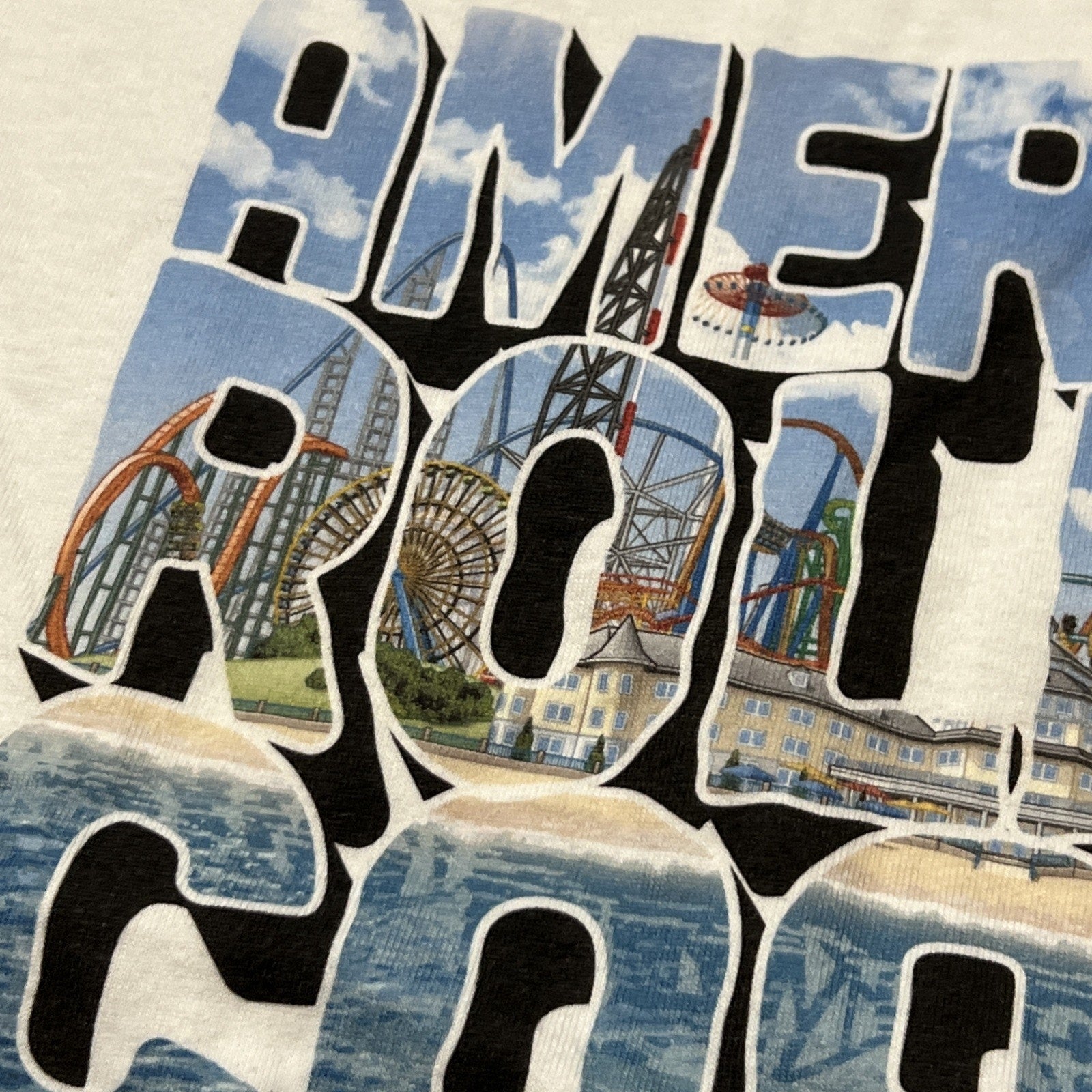 White Blue Vintage Postcard Cedar Point Roller Coast T-Shirt Large Cotton NEW