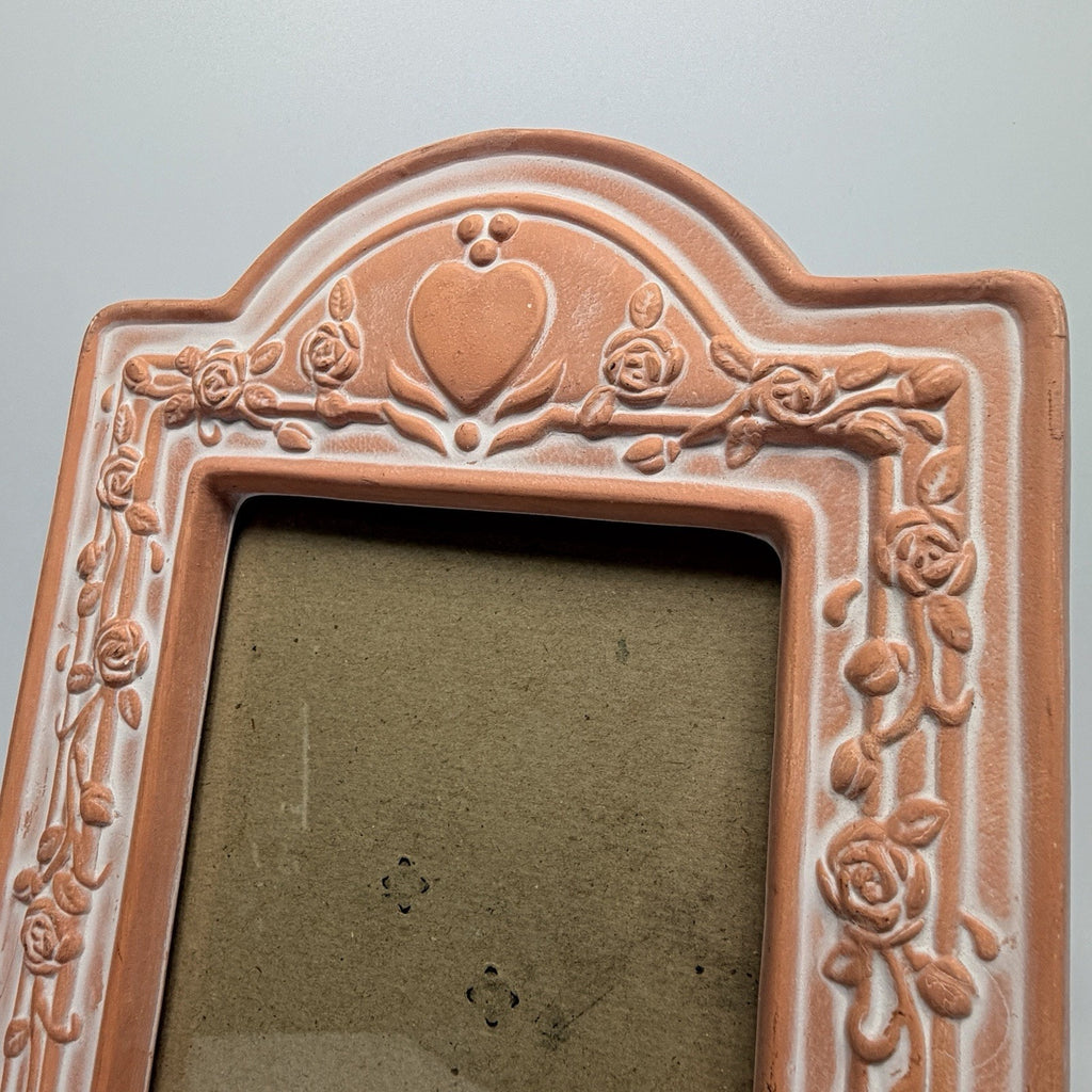 Vtg 1990s Whitewashed Terracotta Hear Rose Ceramic Picture Frame 4.25 x 6.25"