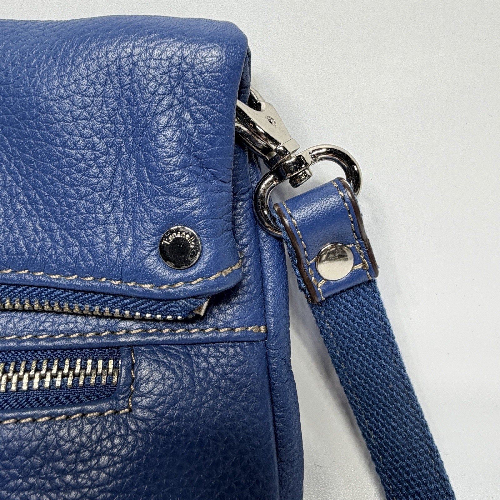Tignanello Blue Leather Foldover Crossbody Purse Bag Pebbled Leather 9"