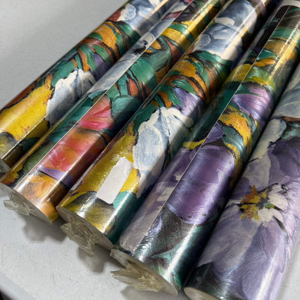 5 Rolls Coloroll Pasted Wallpaper Purple Yellow Green Retro Floral Textured TIZA