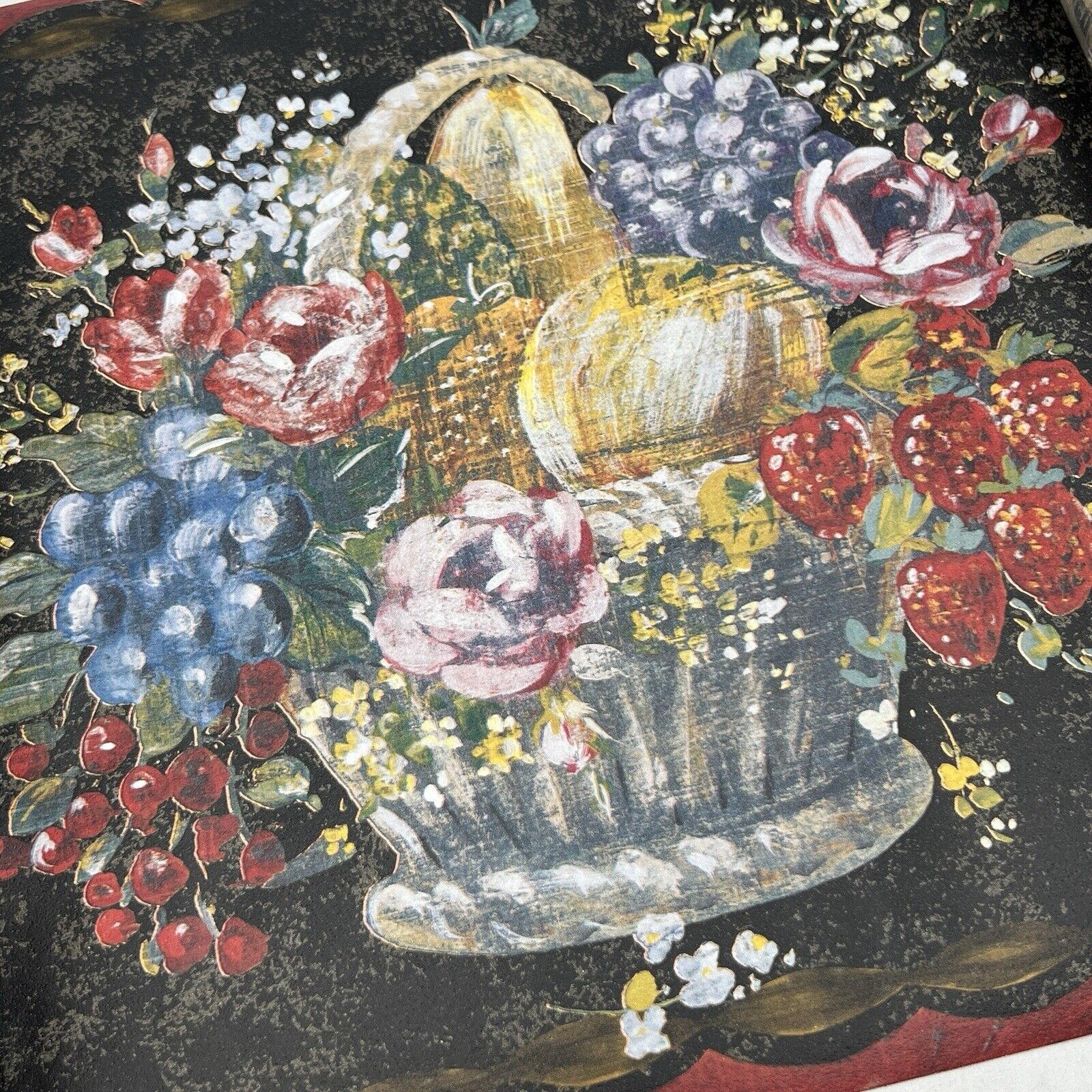 4 Roll Brewster Victorian Fruit Basket Wallpaper Border Black Red Pre-Pasted