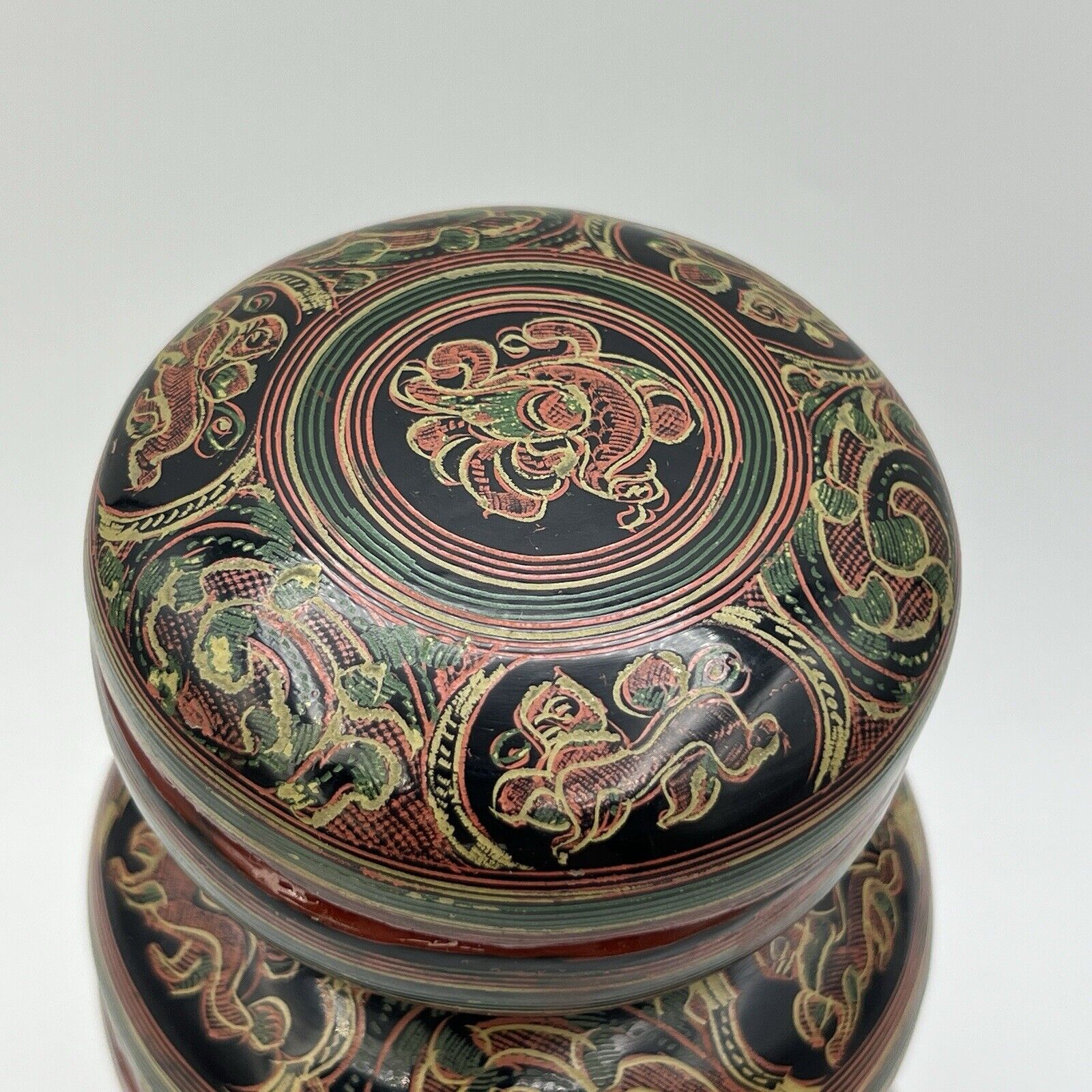 3 Vtg Round Burmese Laquer Nesting Boxes Black Red Green Firebird Hand Painted