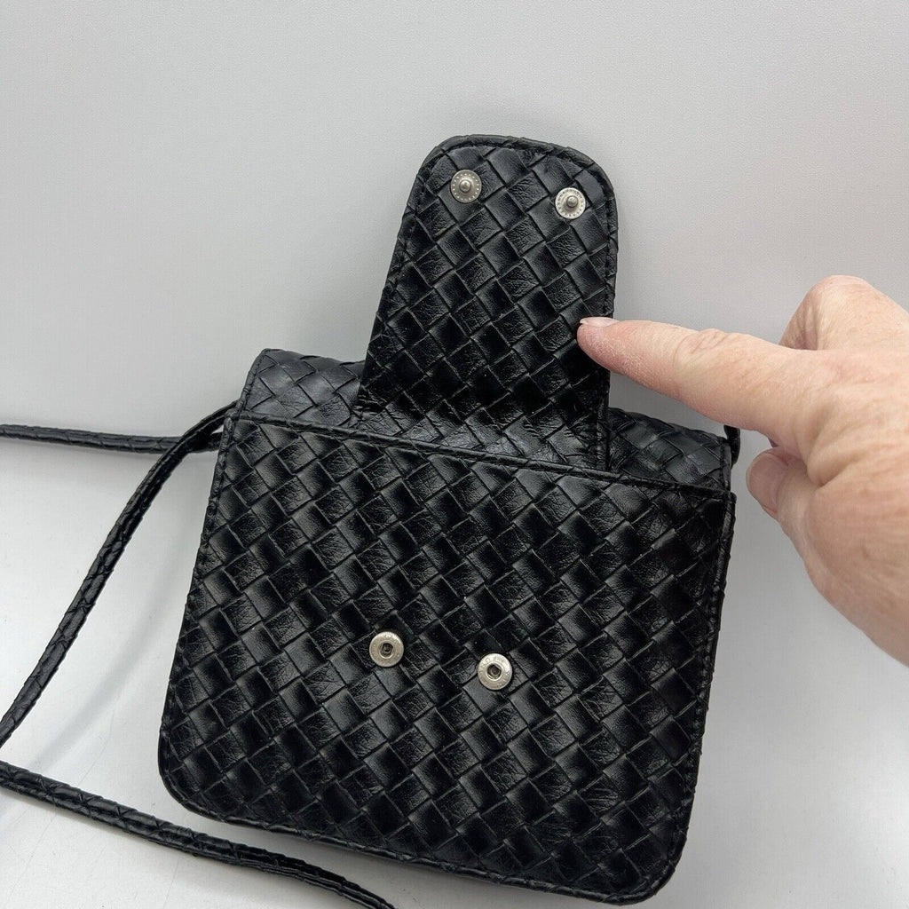Small Black Travelon Black Woven Convertible Crossbody Belt Bag Fanny Purse 6"