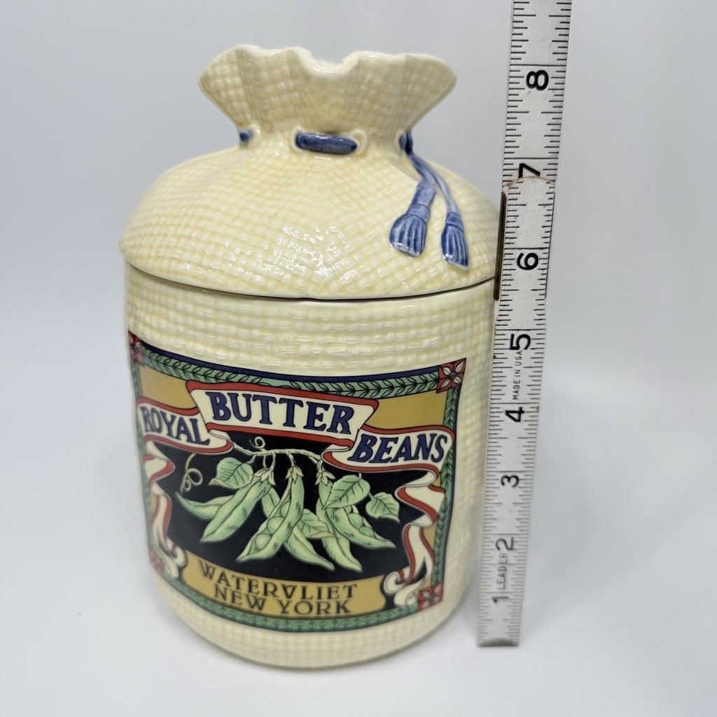 Vtg Large Hearth Burlap Sack Kitchen Canister Jar 1988 Royal Butter Beans 8.5"