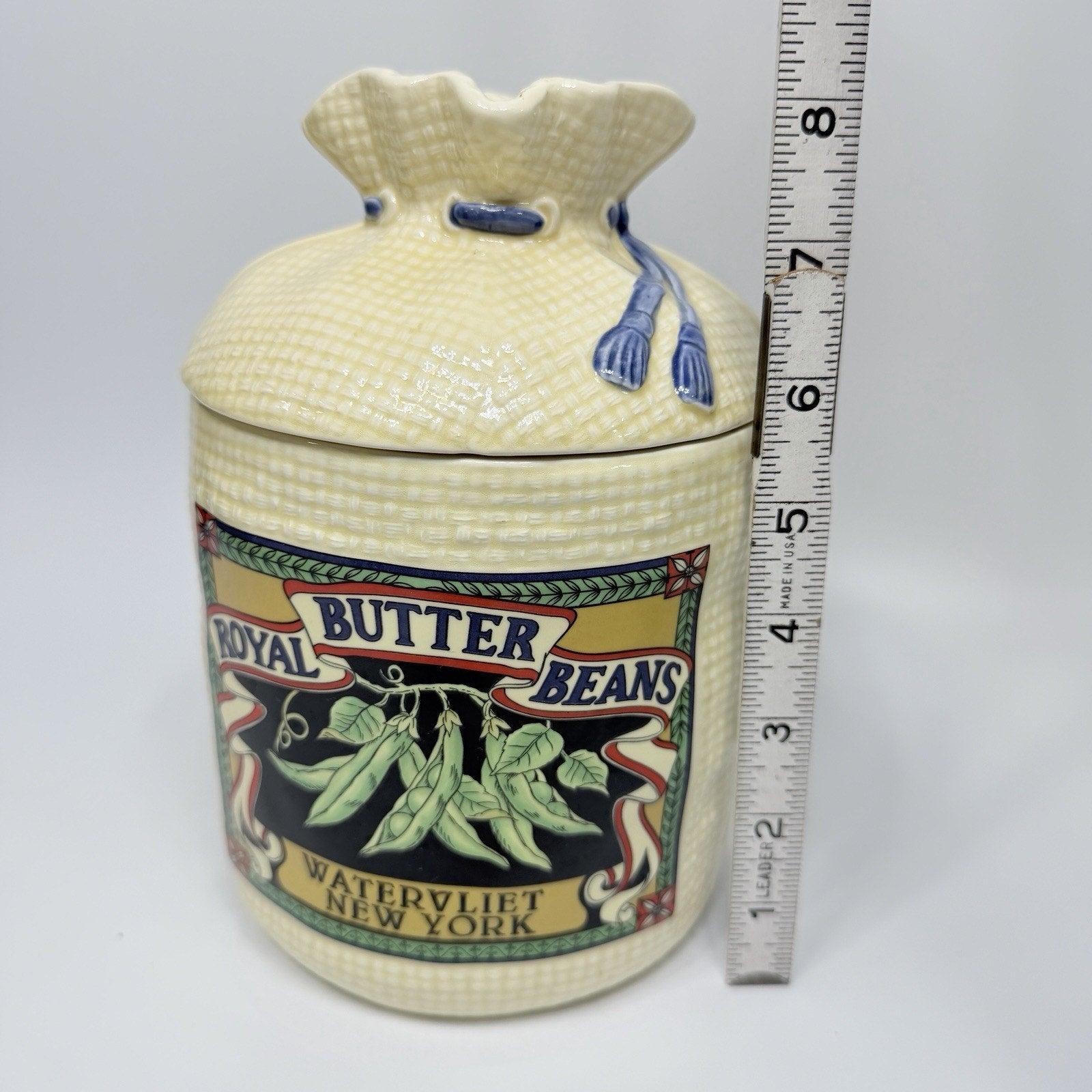Vtg Large Hearth Burlap Sack Kitchen Canister Jar 1988 Royal Butter Beans 8.5"