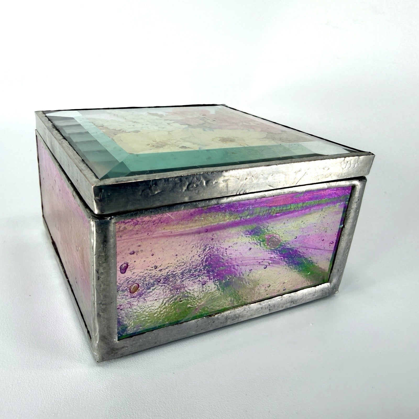 Pink Pressed Flower Stained Bevel Glass Jewelry Trinket Box Mirrored 3.5"