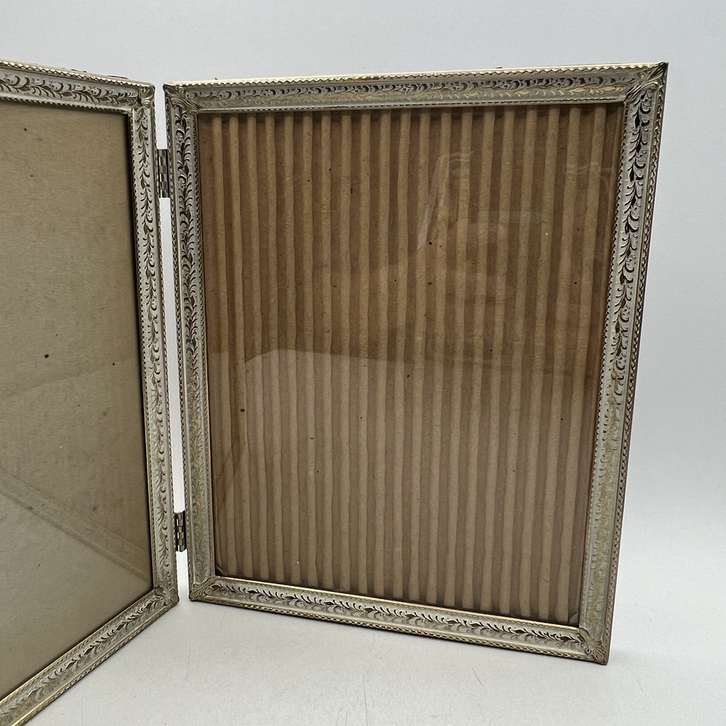 Vintage Etched Brass Double 8 X 10” Photo Picture Frame MCM Hollywood Gold White