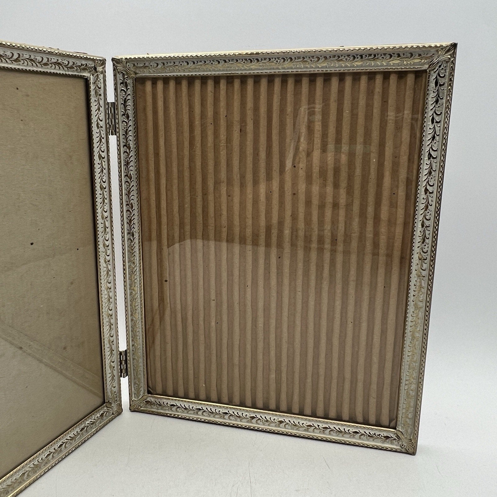 Vintage Etched Brass Double 8 X 10” Photo Picture Frame MCM Hollywood Gold White