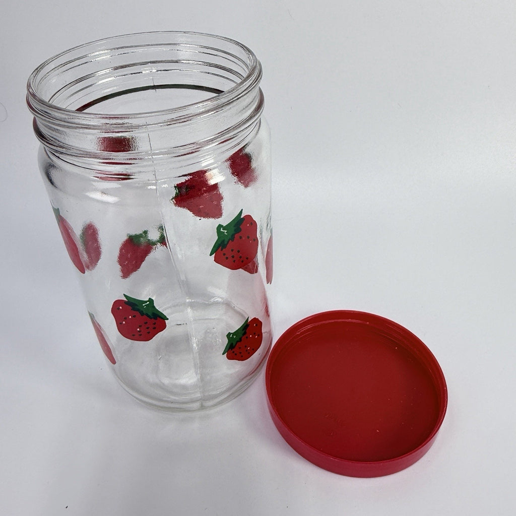 Vintage Strawberries Glass Jar Plastic Twist Top Canisters Red 7" Fruit