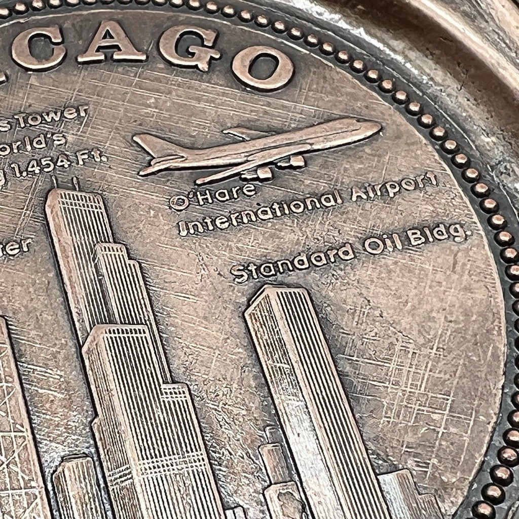 Set 4 Vintage Metal Chicago Souvenir Drink Coasters Bronze Barware O'Hare Sears