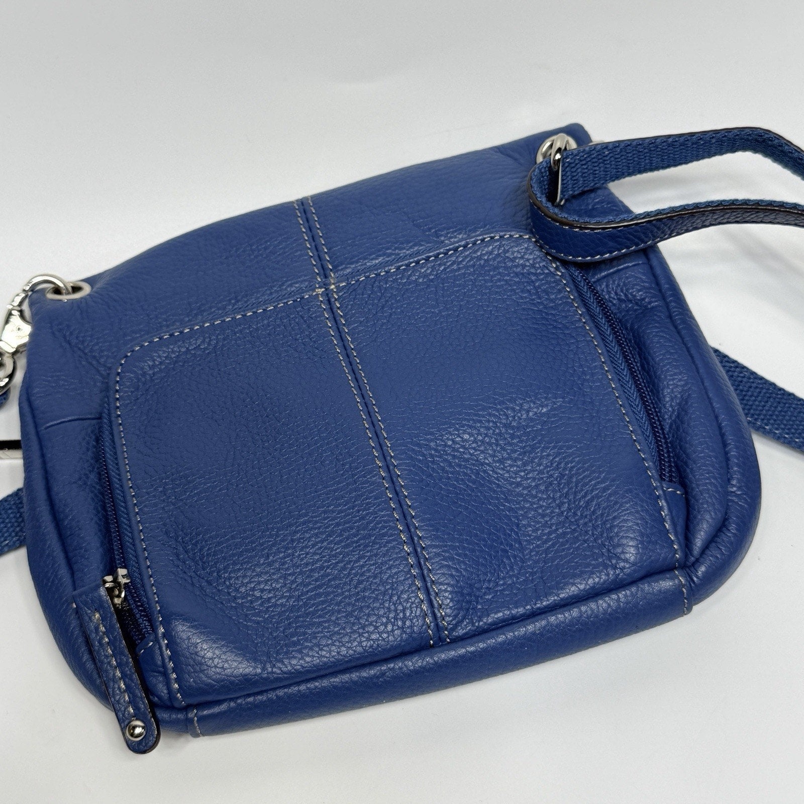 Tignanello Blue Leather Foldover Crossbody Purse Bag Pebbled Leather 9"