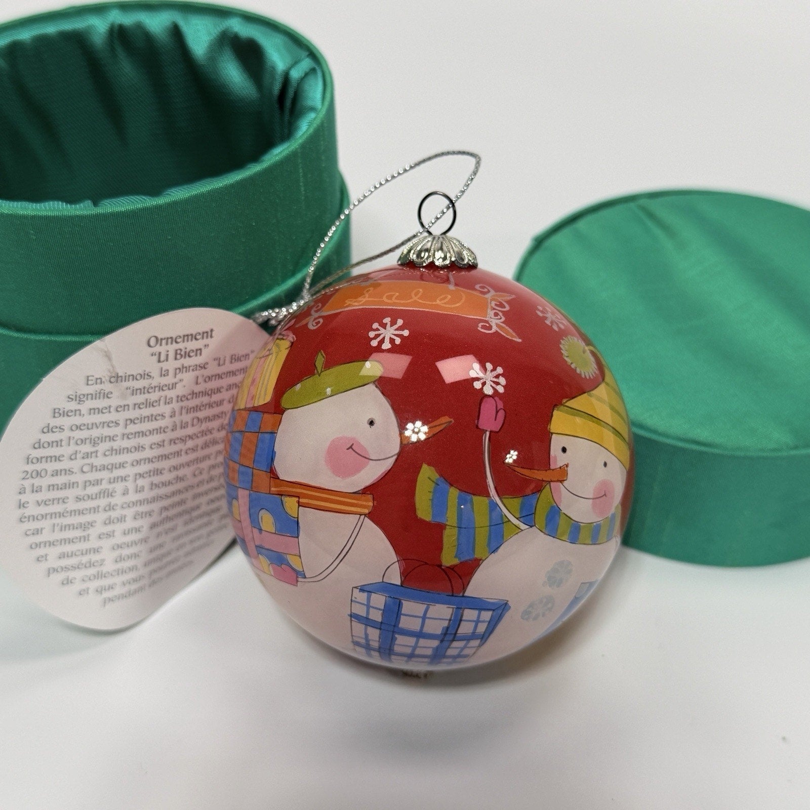 Pier 1 Li Bien 2006 Glass Christmas Ornament Snowman Sale Shopping Red 3"