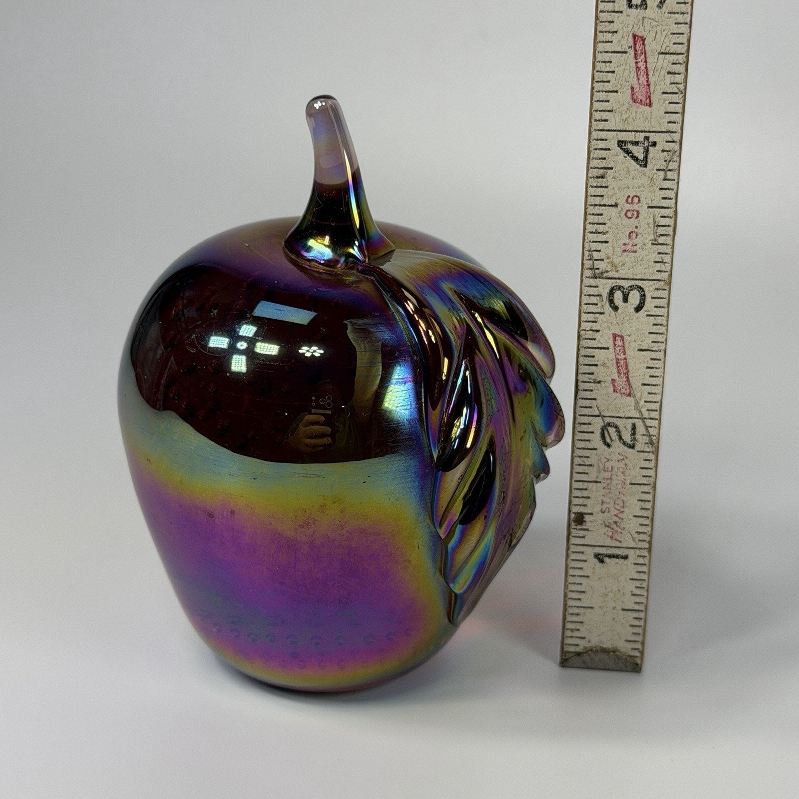 Vtg Gibson Apple Purple Rainbow Iridescent Art Glass Paperweight 4" Heavy 1996