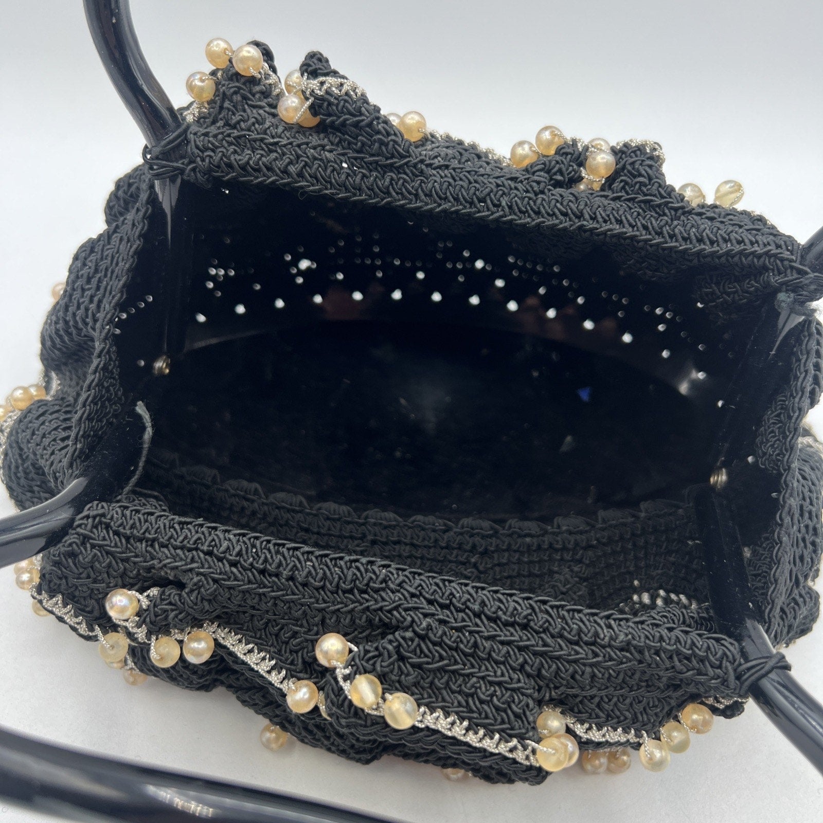 Vintage Hand Crocheted Beaded Purse 9" Lucite Handle Black Silver Hard Bottom