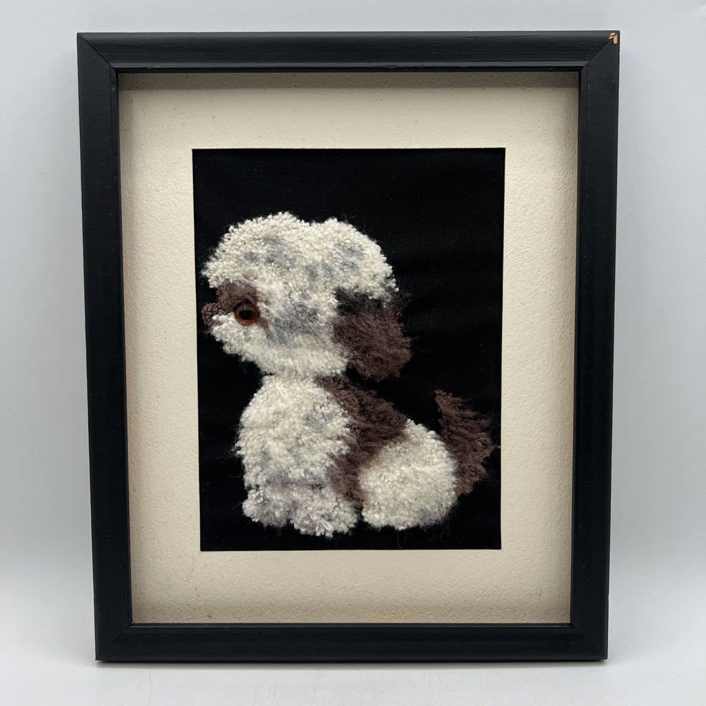 Vtg Felt Punched Latch Hook Dog Picture 3D Framed Puppy Lhaso Apso Poodle 10x12"