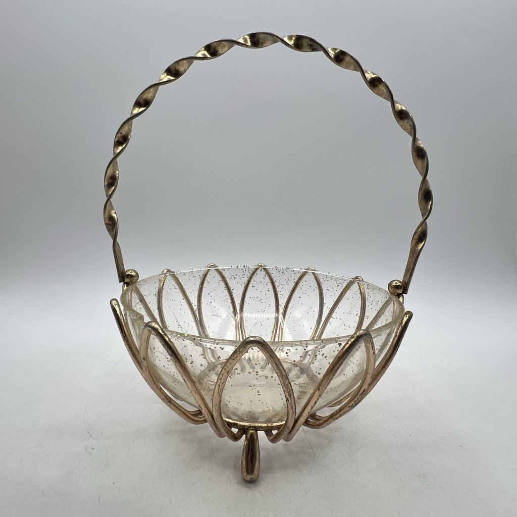 Vintage Atomic Gold Wire Lucite Basket Candy Dish Bowl 8" MCM Glitter Hollywood