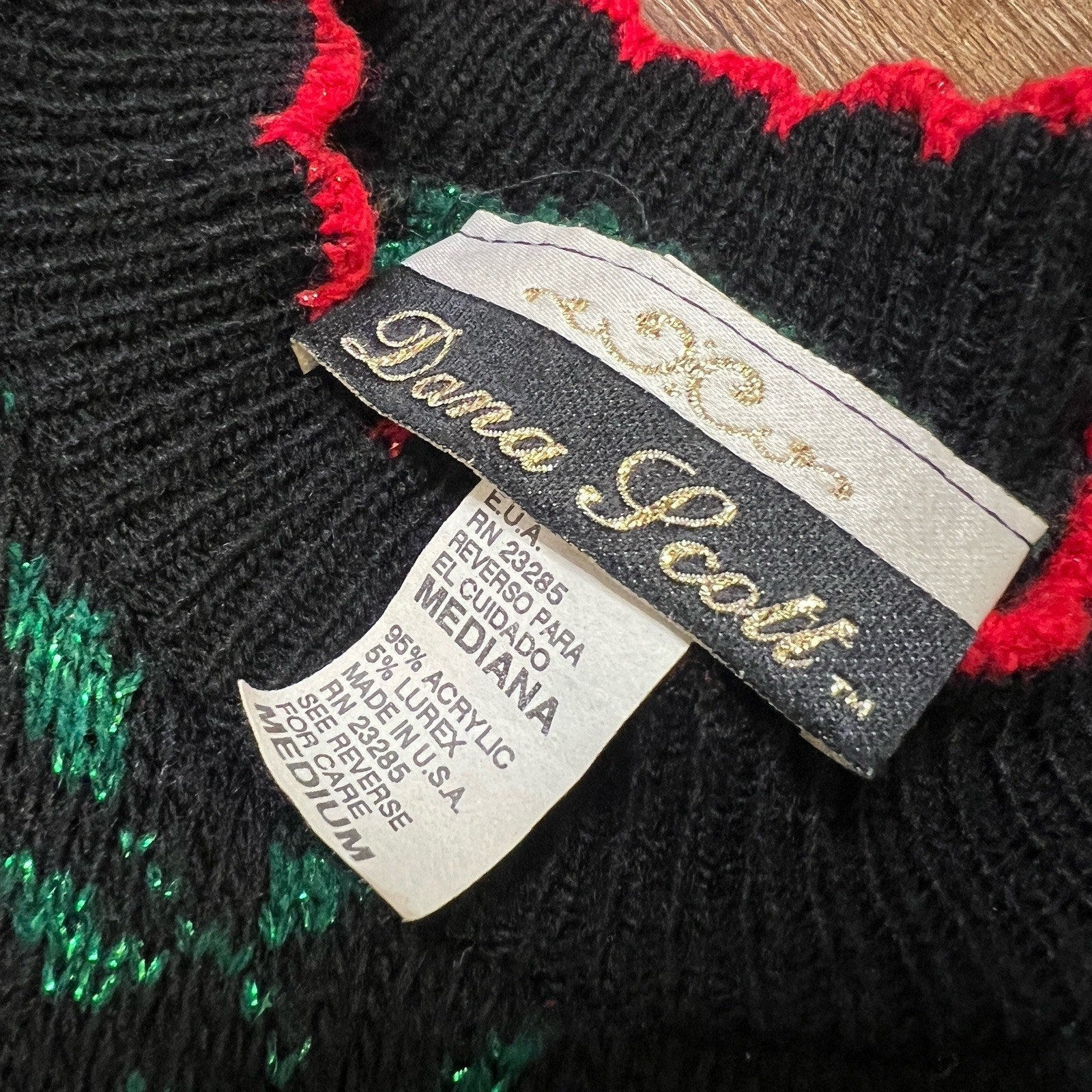 Vtg Ugly Christmas Sweater Womens Medium Black Red Poinsettia Dana Scott 80s