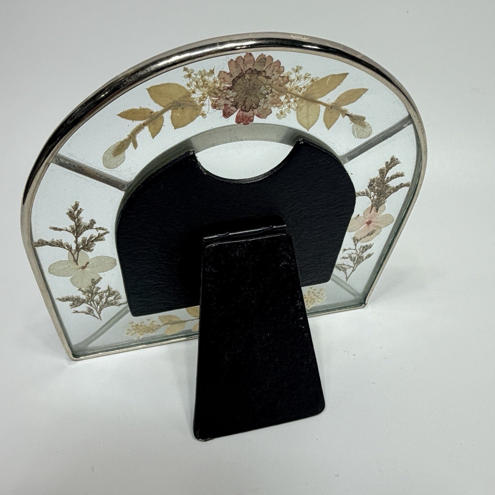 Vtg Metal Glass Pressed Dried Flowers Picture Frame Pink Red Beige Arch 5.5"
