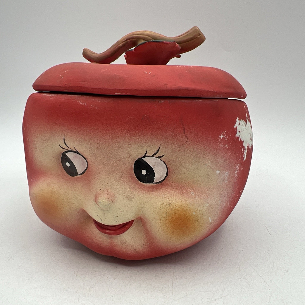 Vintage Anthropomorphic Red Apple Jar Stem Lid Covered Dish Bone China Matte 5"