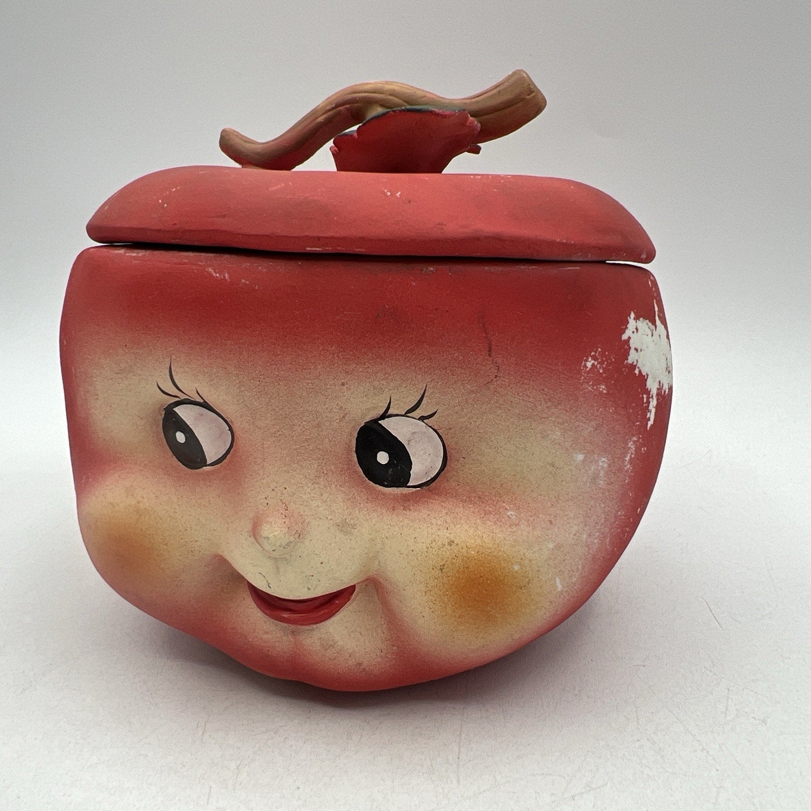 Vintage Anthropomorphic Red Apple Jar Stem Lid Covered Dish Bone China Matte 5"