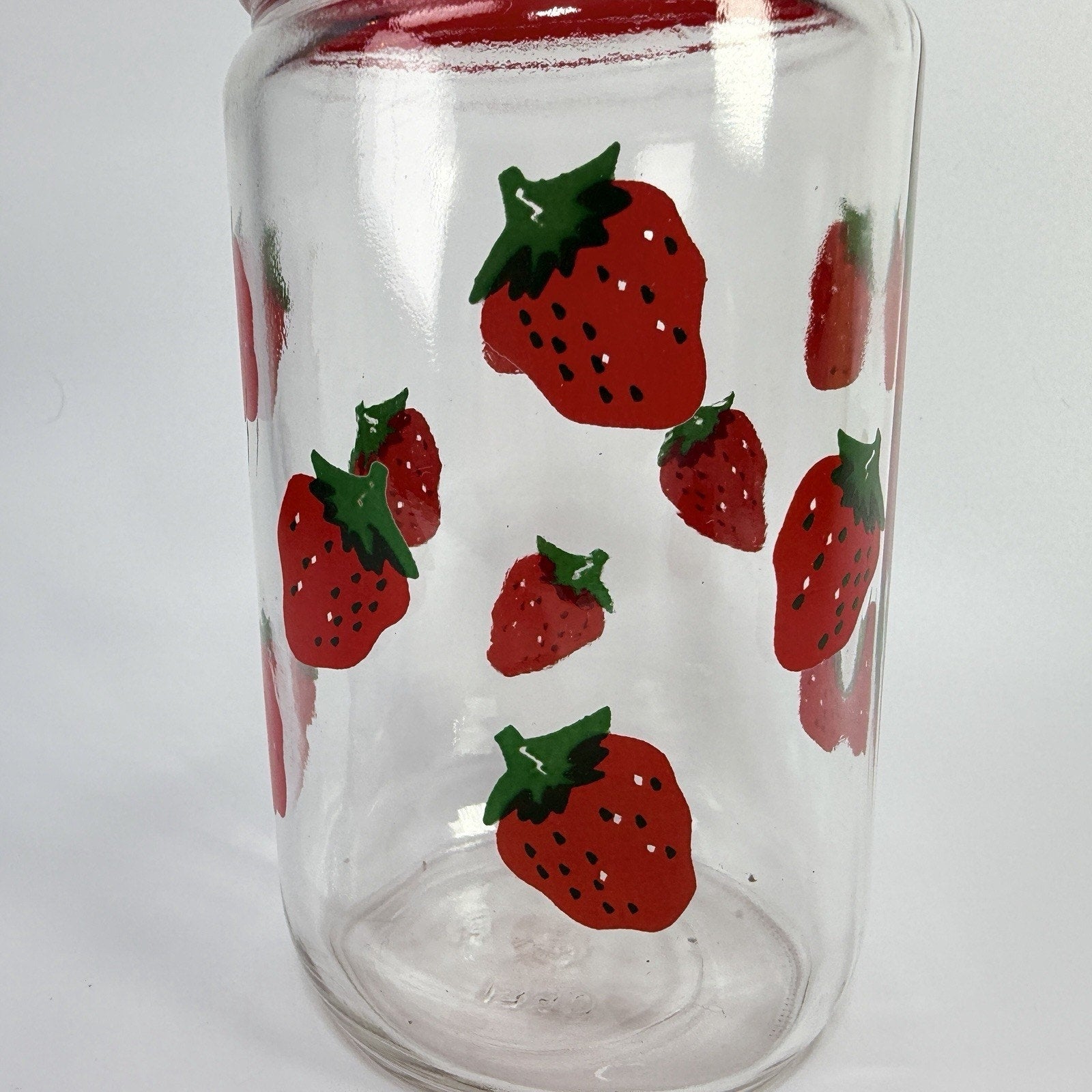 Vintage Strawberries Glass Jar Plastic Twist Top Canisters Red 7" Fruit