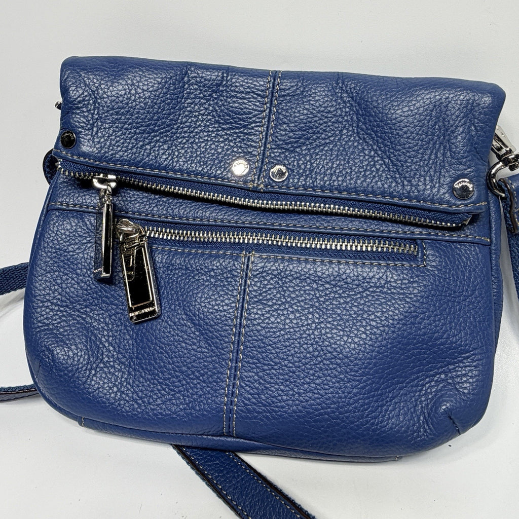 Tignanello Blue Leather Foldover Crossbody Purse Bag Pebbled Leather 9"