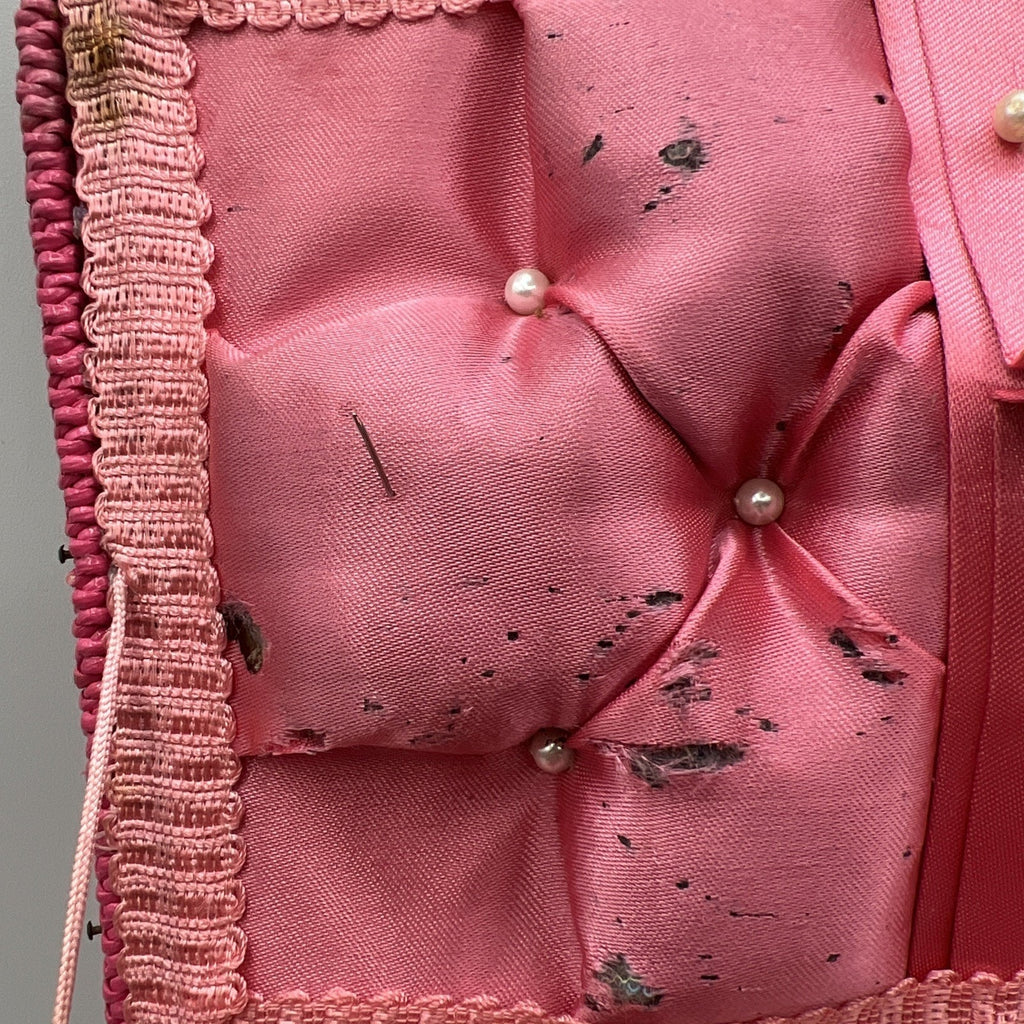 Vintage Pink Wicker Paisley Sewing Basket Japan Handle 7x10" Retro