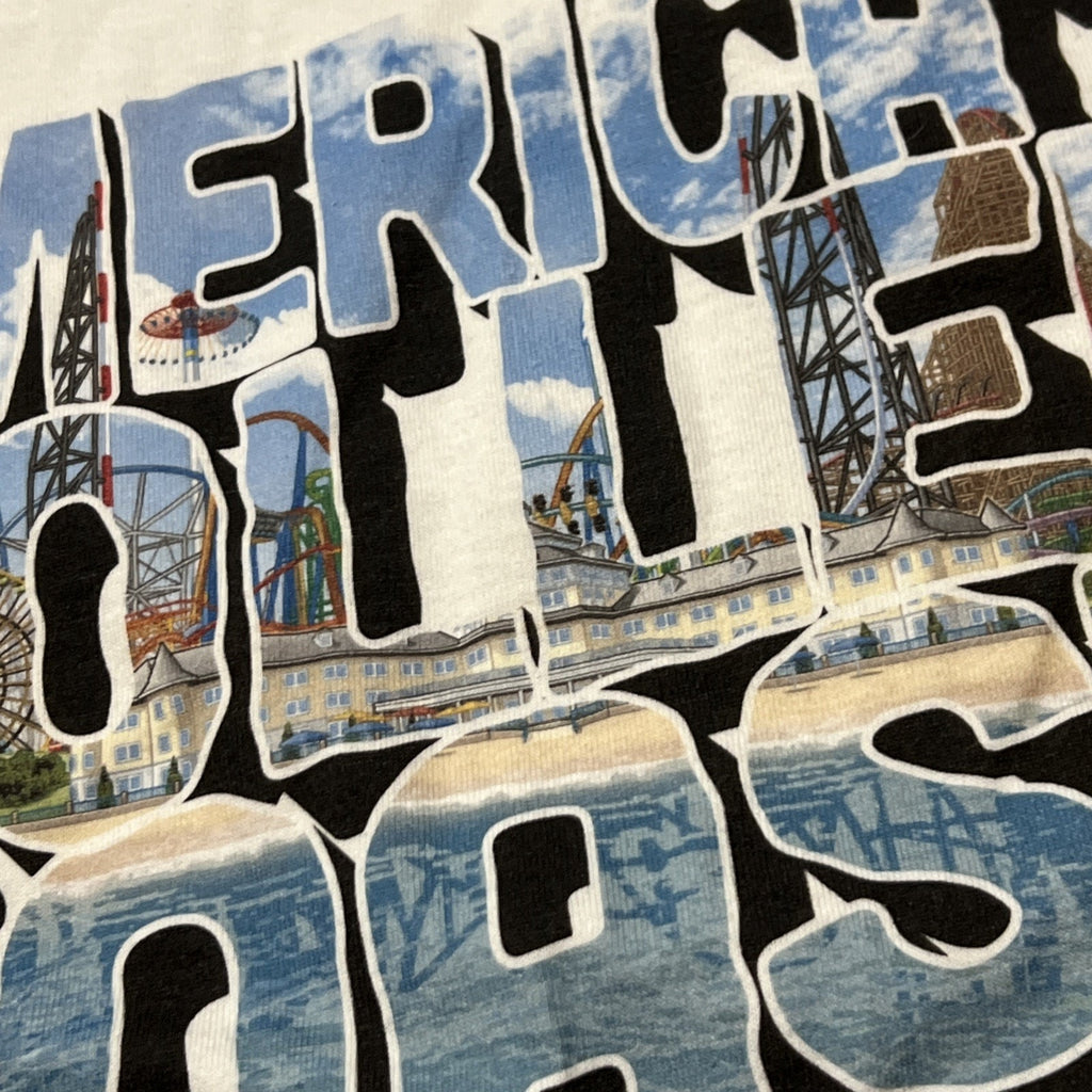 White Blue Vintage Postcard Cedar Point Roller Coast T-Shirt Large Cotton NEW
