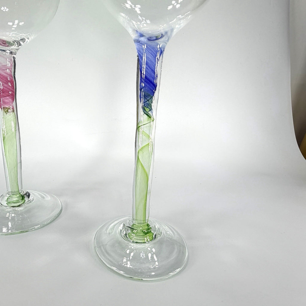 Set 2 Chris Baker Salmon Art Glass Wine Glass Pink Blue Swirl Signed 8.5"