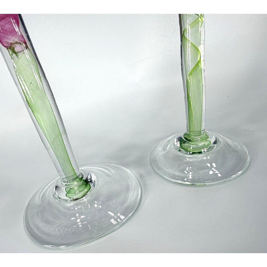 Set 2 Chris Baker Salmon Art Glass Wine Glass Pink Blue Swirl Signed 8.5"