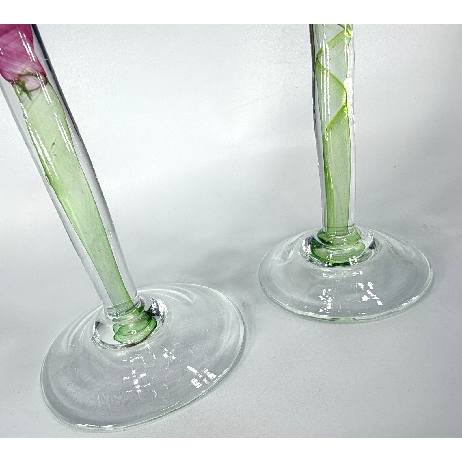 Set 2 Chris Baker Salmon Art Glass Wine Glass Pink Blue Swirl Signed 8.5"