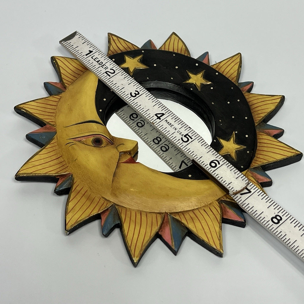 Vintage 90s Celestial Sun Moon Stars Mirror Painted Whimsygoth Black Yellow 8"