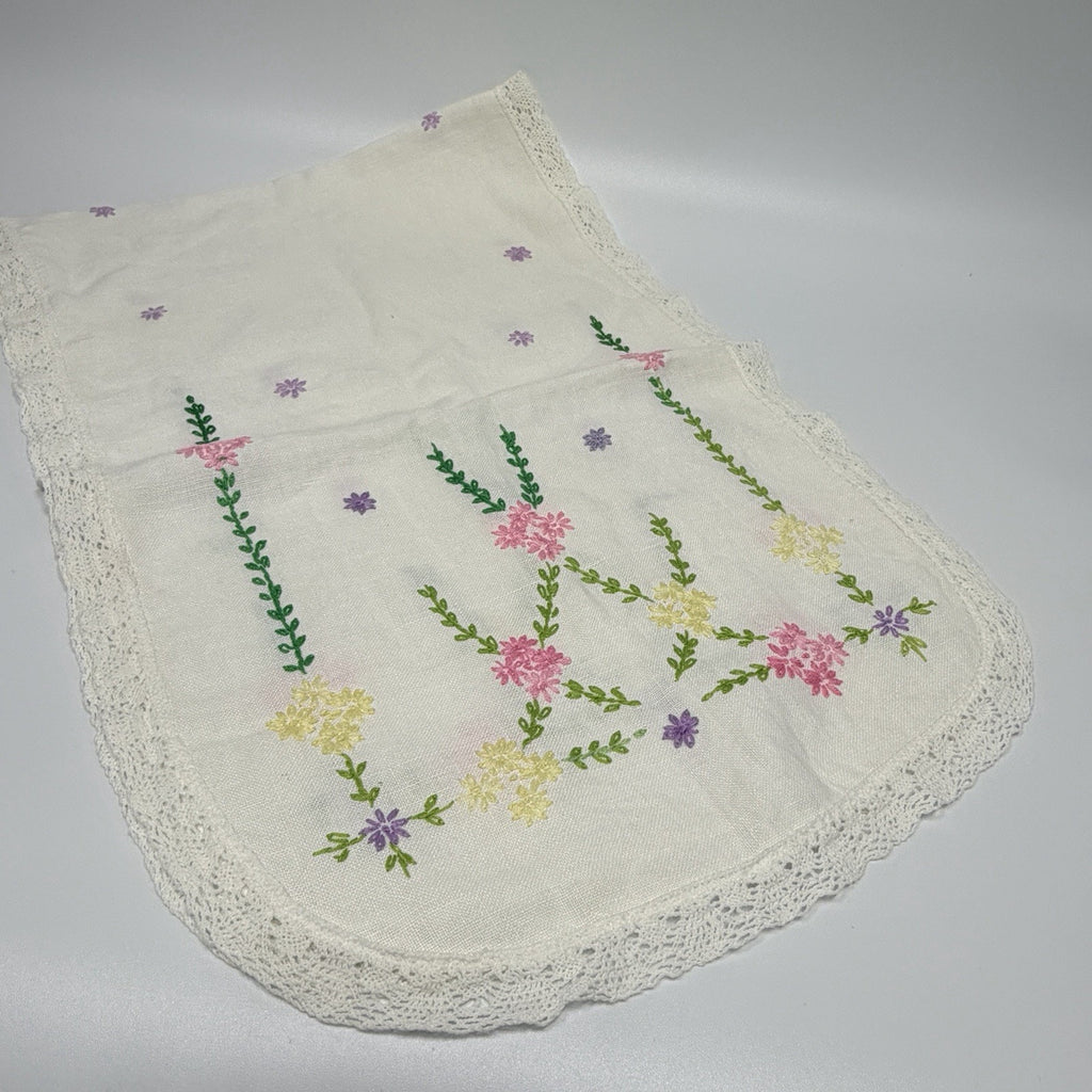 Vintage Dresser Scarf Table Runner Pink Green Embroidered Flowers Lace 14x42"