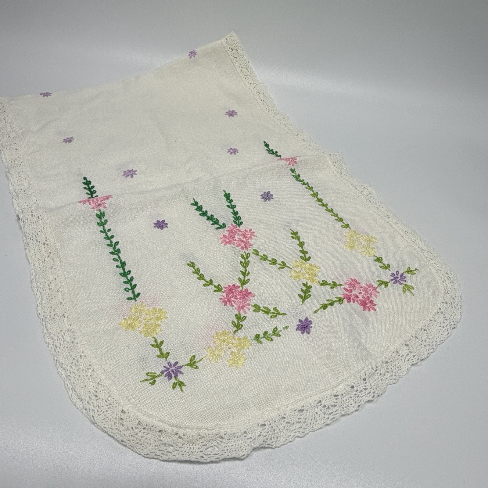 Vintage Dresser Scarf Table Runner Pink Green Embroidered Flowers Lace 14x42"