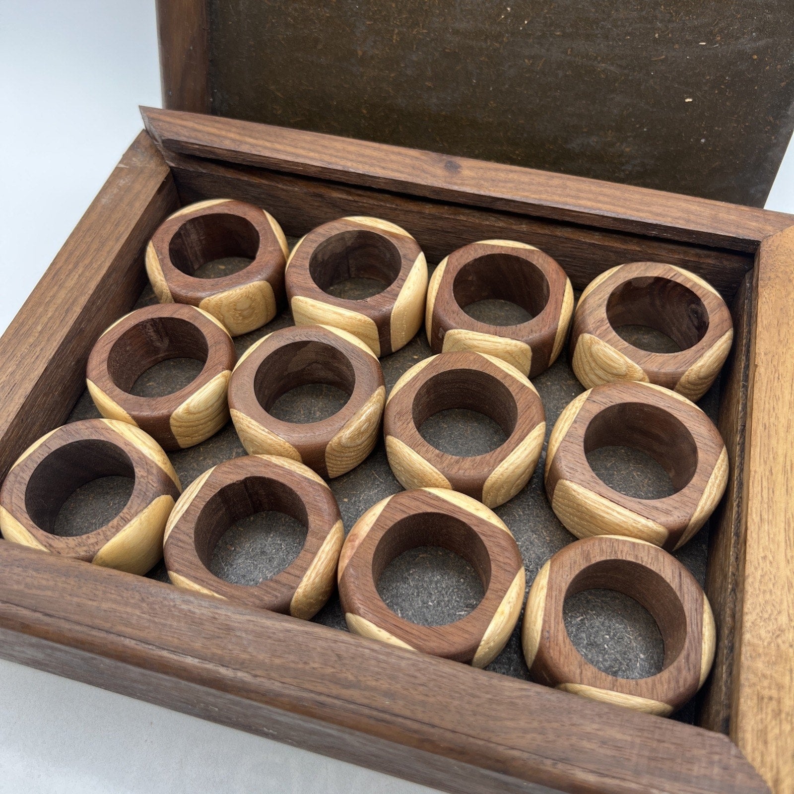 Set 12 Lathe Turned Two Tone Wood Napkin Rings Teak Boho Natural Handmade w/ Box