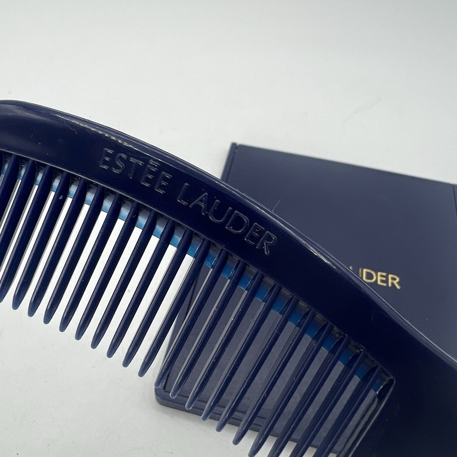 Set Vintage Dark Navy Blue Estee Lauder Pocket Comb 6" & Travel Compact Mirror