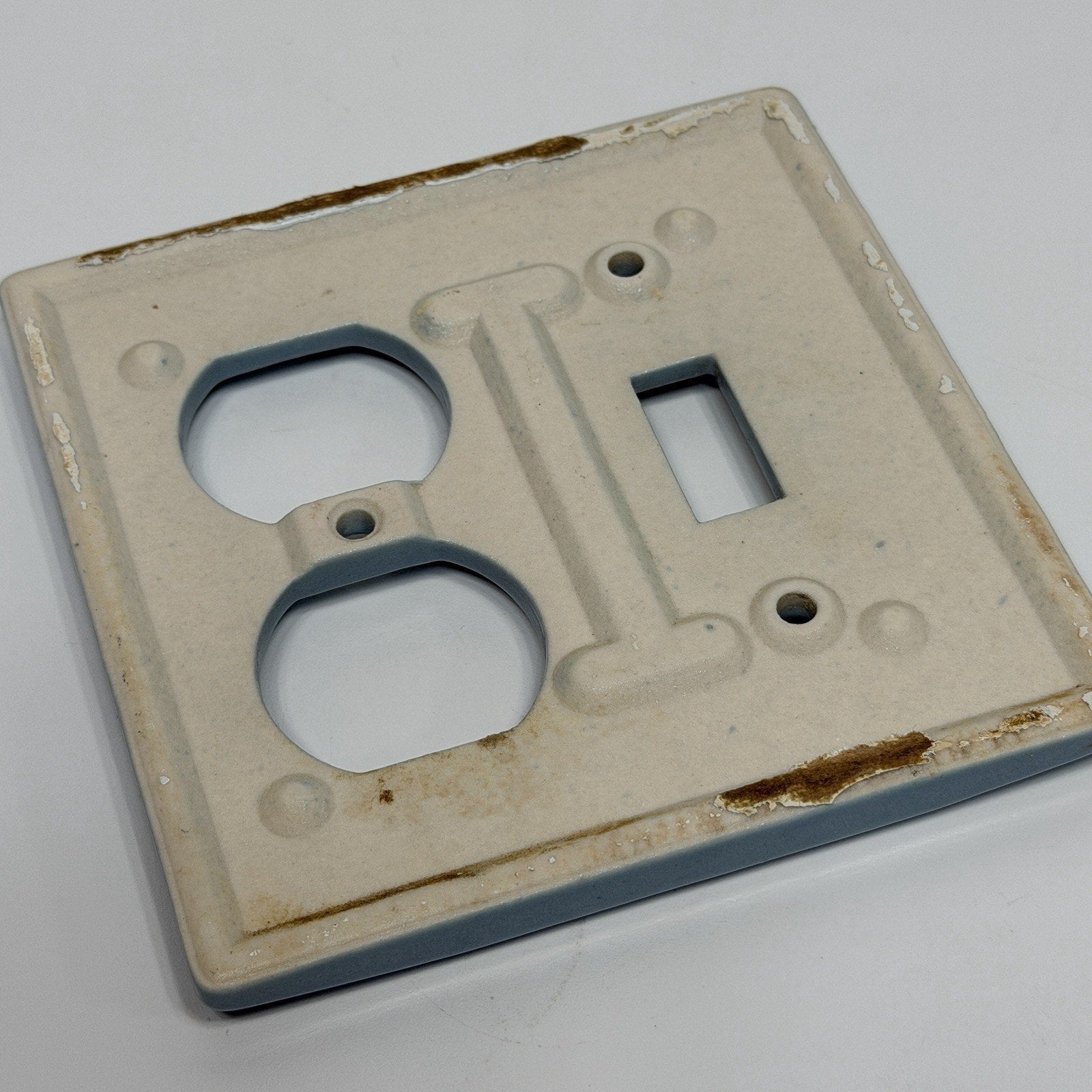Vintage BLUE Porcelain Ceramic Combo Outlet Light Switch Plate Bathroom MCM