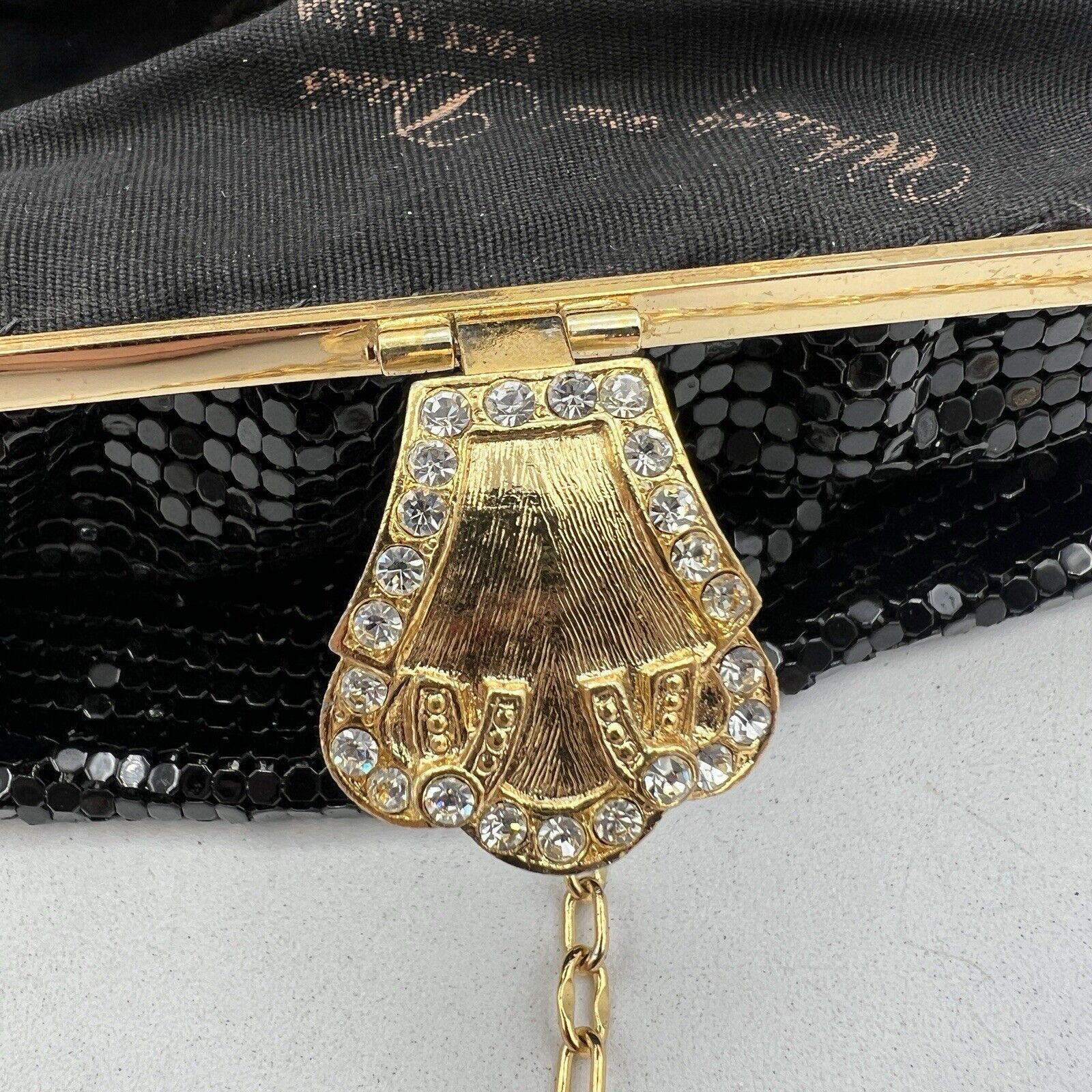 Whiting Davis Black Mesh Purse Gold Rhinestone Clasp Vintage Evening Cocktail 7"