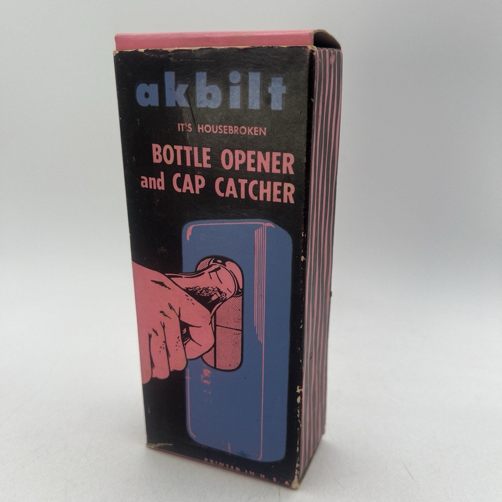 Vintage RARE PINK Akbilt Metal Wall Mount Bottle Opener & Cap Catcher Retro 50s
