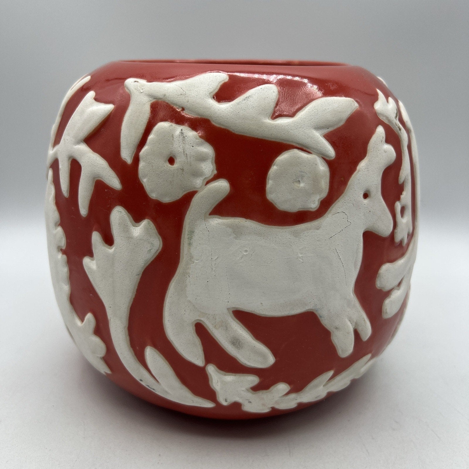 Anthropologie Concha Garden Planter Red Orange White Animals Boho Pottery 8"