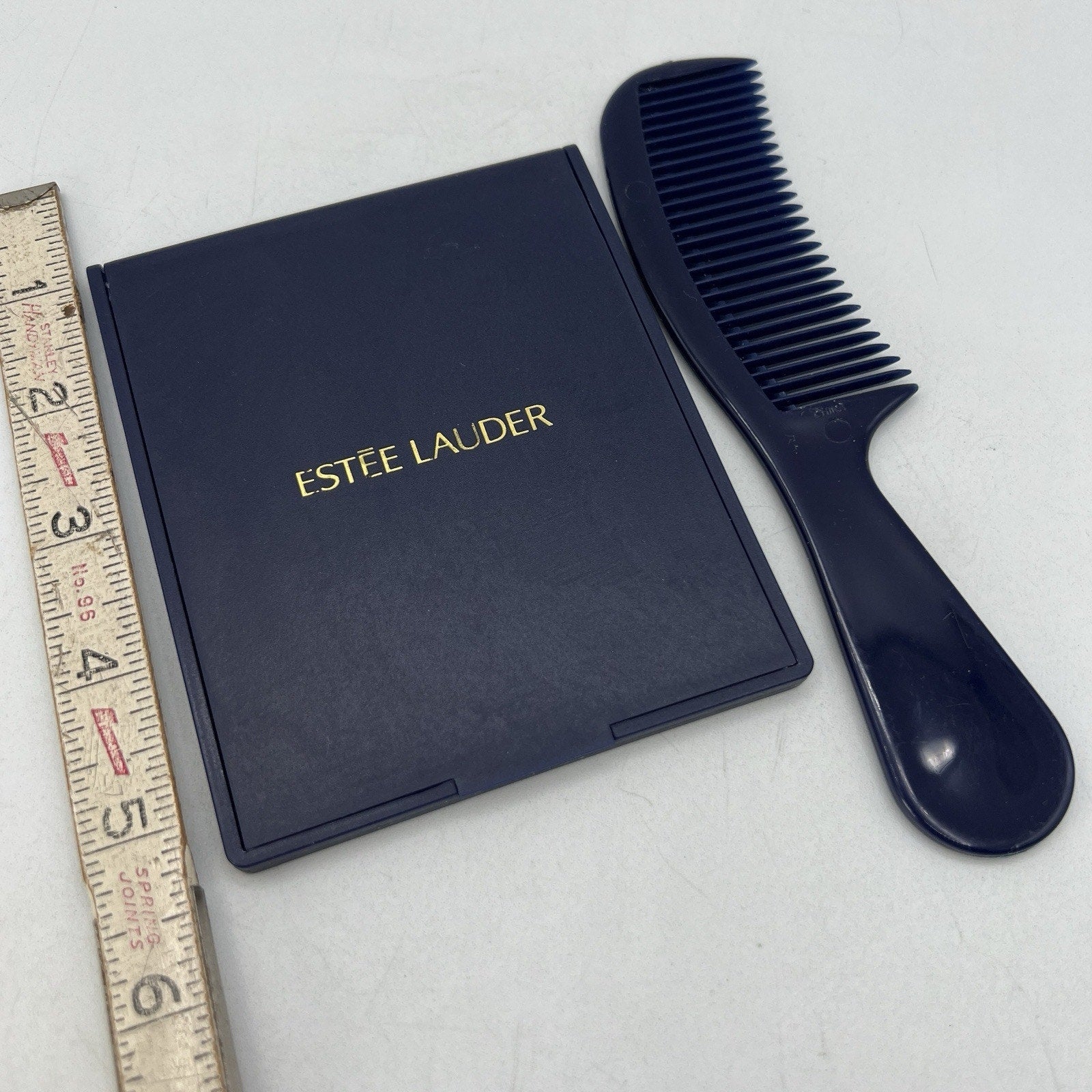 Set Vintage Dark Navy Blue Estee Lauder Pocket Comb 6" & Travel Compact Mirror