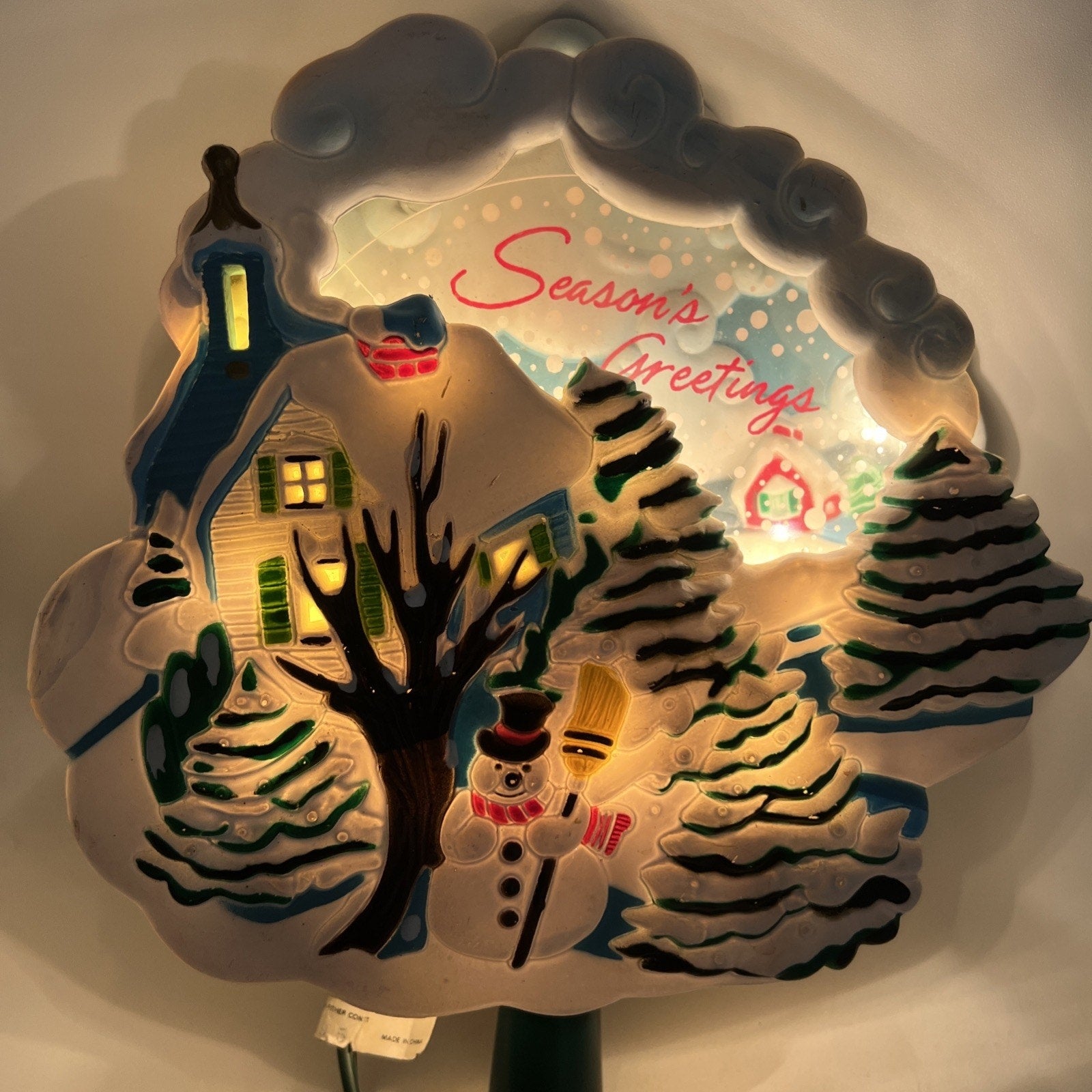 Vtg Christmas Bradford Lighted Motion Tree Topper Snow Scene Snowman 8" Animated