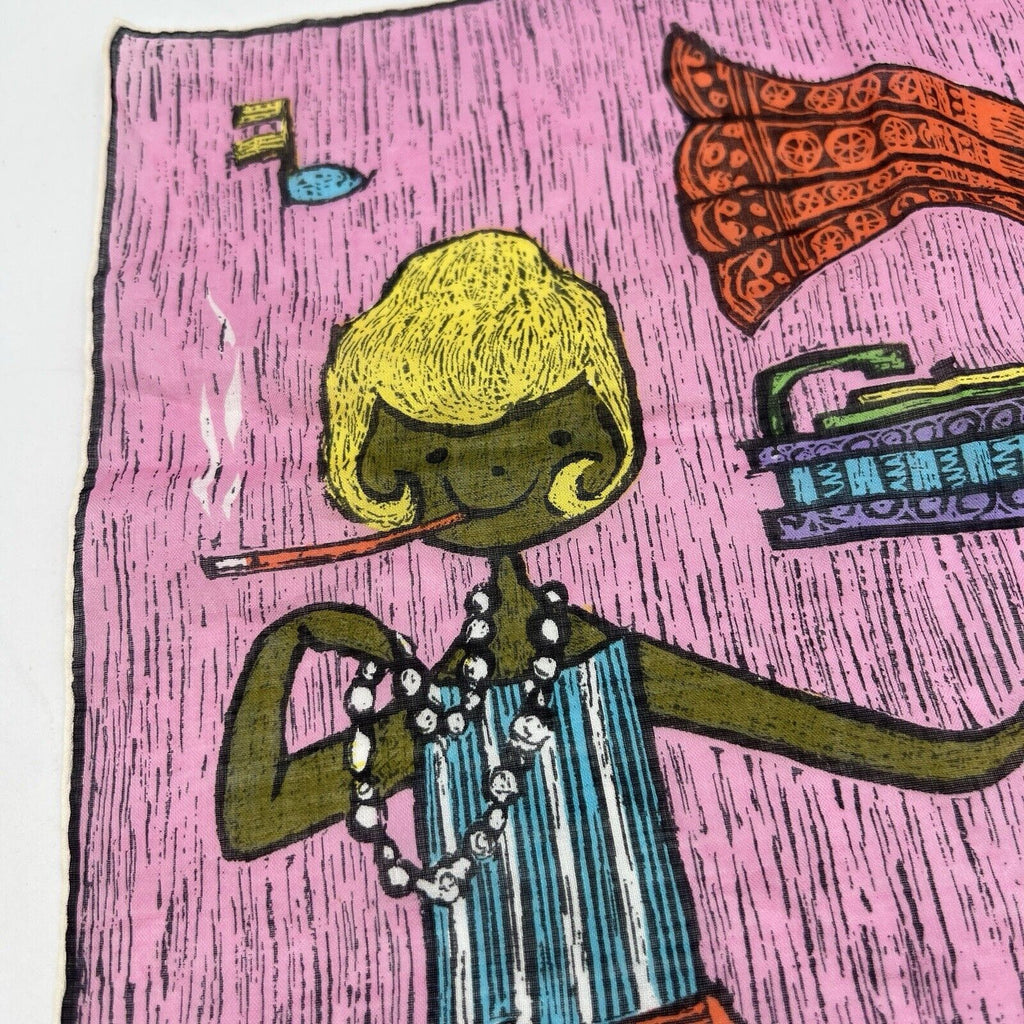 Vtg Lady Heritage Handkerchief Party Dancing Smoking Skandia 60s Novelty Hankie