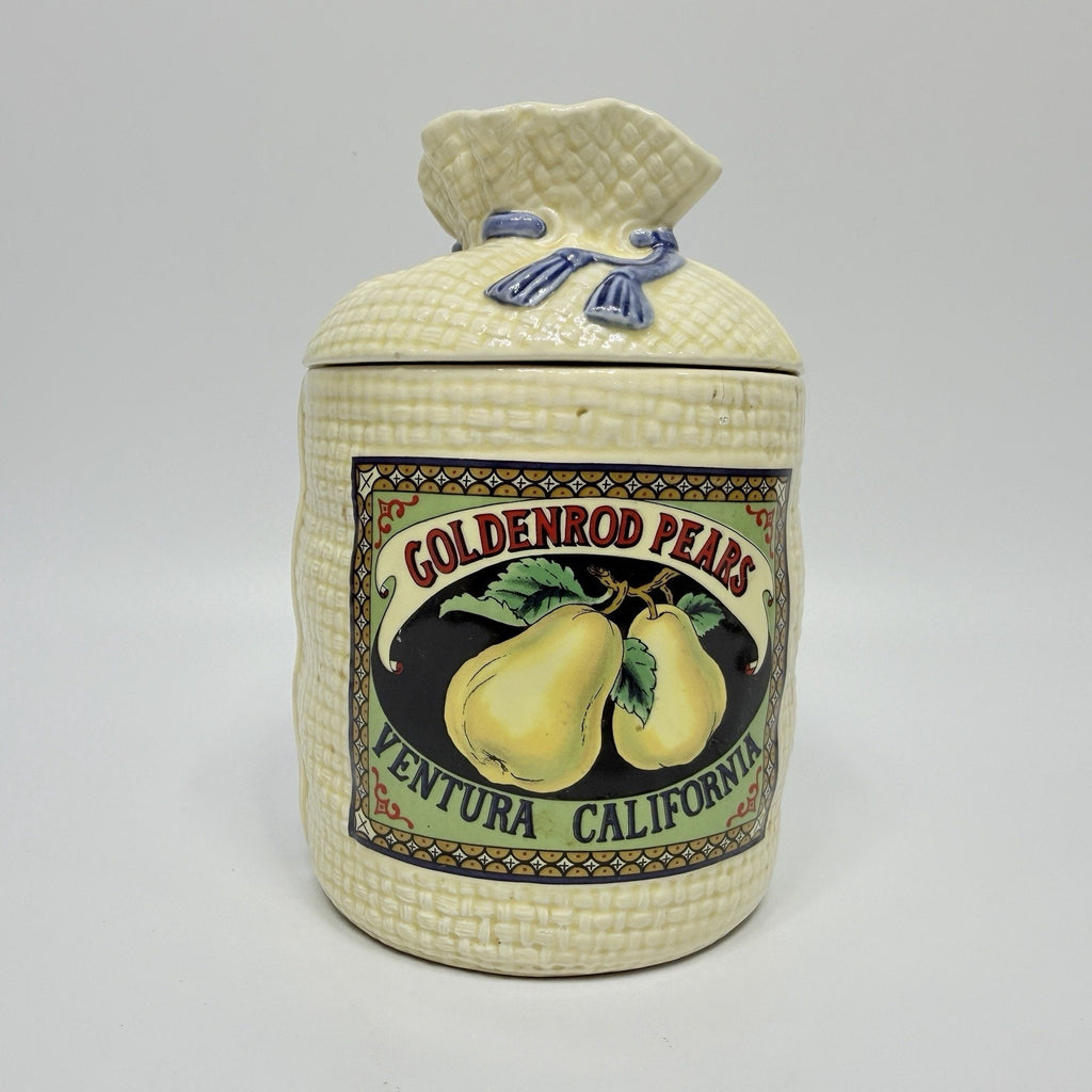 Vintage Hearth Home Goldenrod Pears Burlap Sack Kitchen Canister Jar 8" Ceramic
