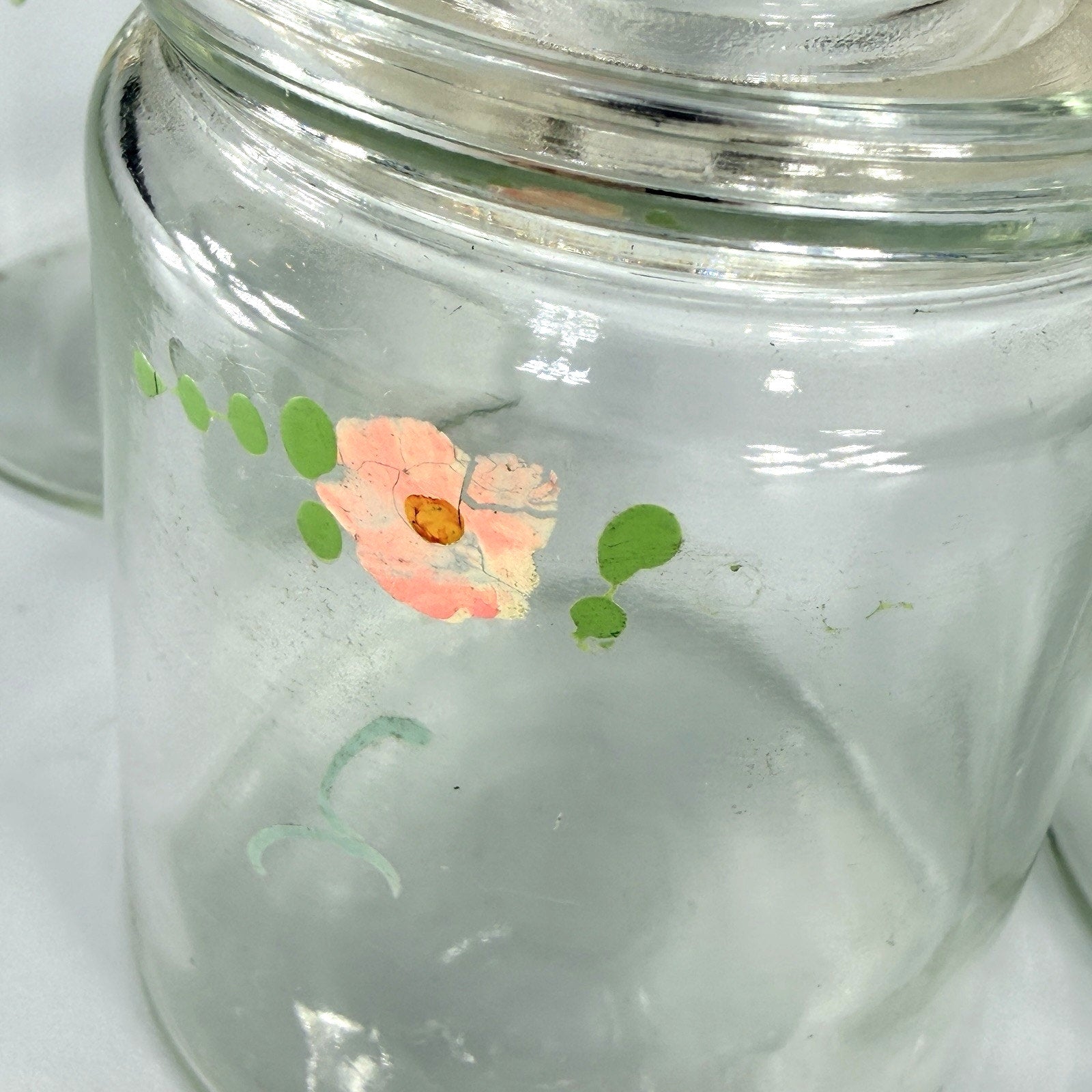Set 3 Vintage Glass Apothecary Storage Jars 5" Painted Pink Flowers Cottage