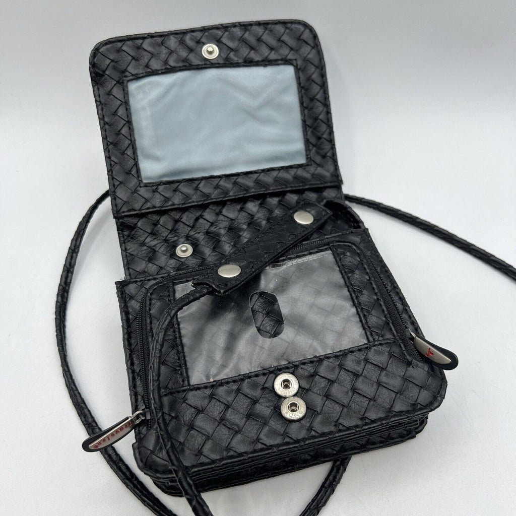 Small Black Travelon Black Woven Convertible Crossbody Belt Bag Fanny Purse 6"