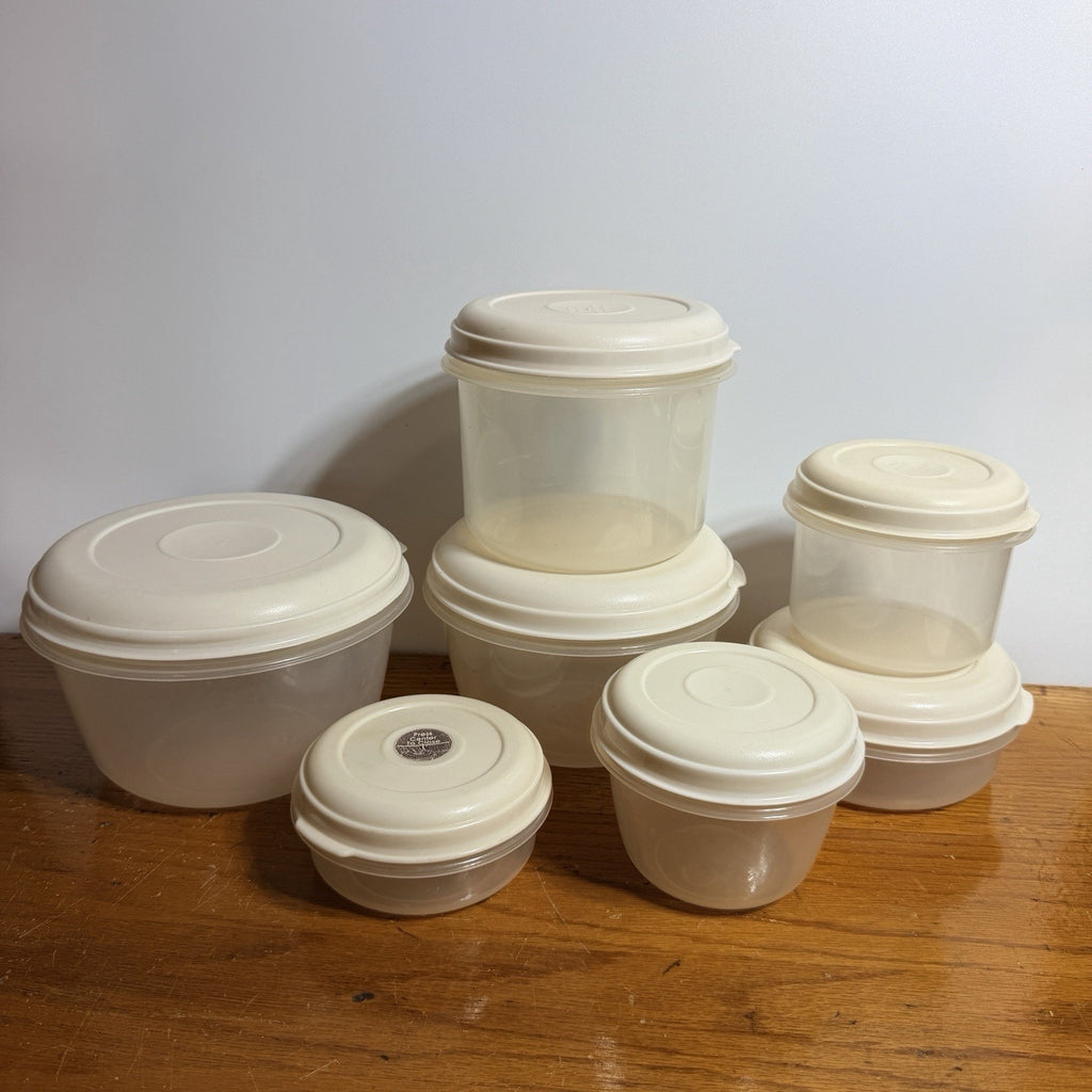 Set 7 Vtg Rubbermaid Servin Saver Round Food Containers Almond Lids