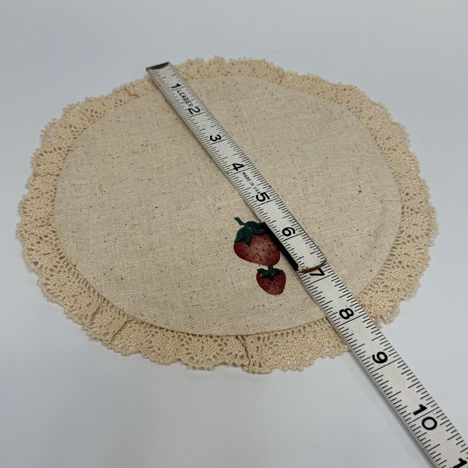 Vintage Hand Painted Stenciled Round Strawberry Doily 8" Lace Muslin Cottage