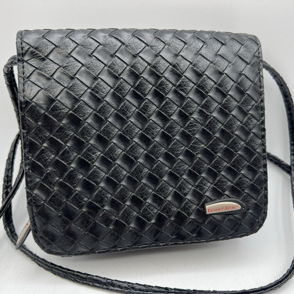 Small Black Travelon Black Woven Convertible Crossbody Belt Bag Fanny Purse 6"