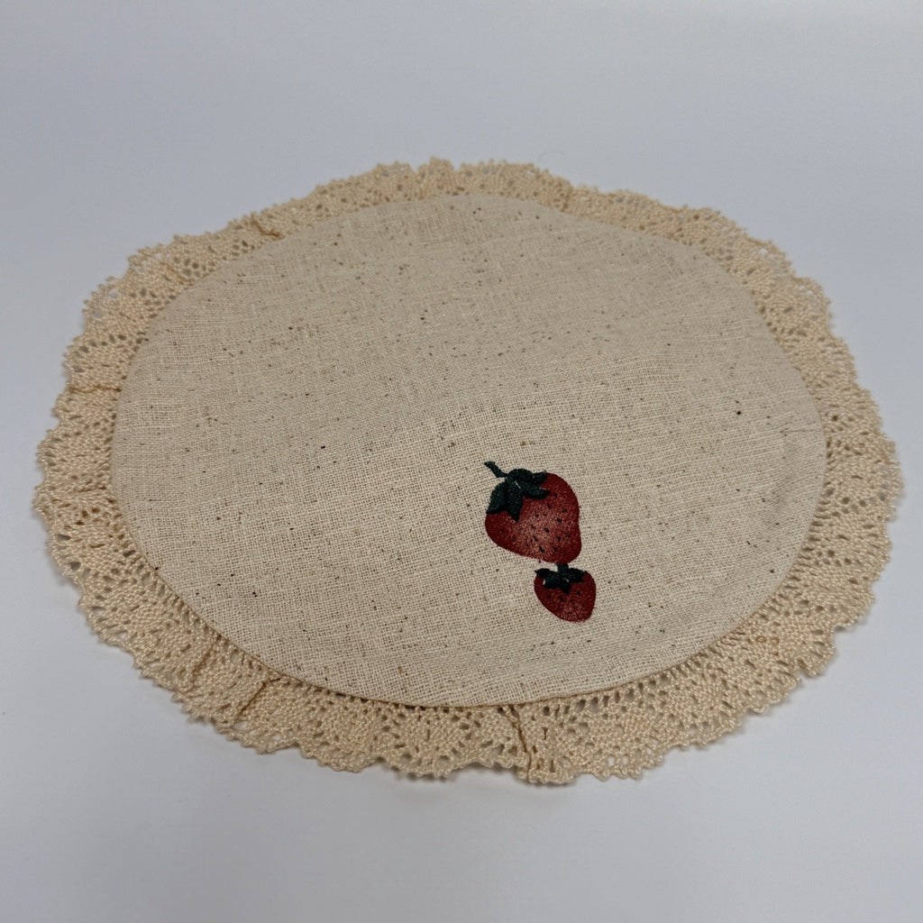Vintage Hand Painted Stenciled Round Strawberry Doily 8" Lace Muslin Cottage